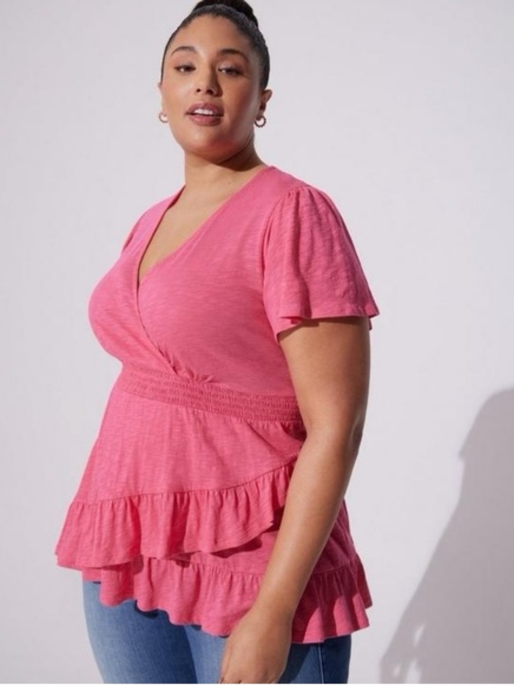 torrid Pink Faux Wrapped Ruffle V-Neck Top